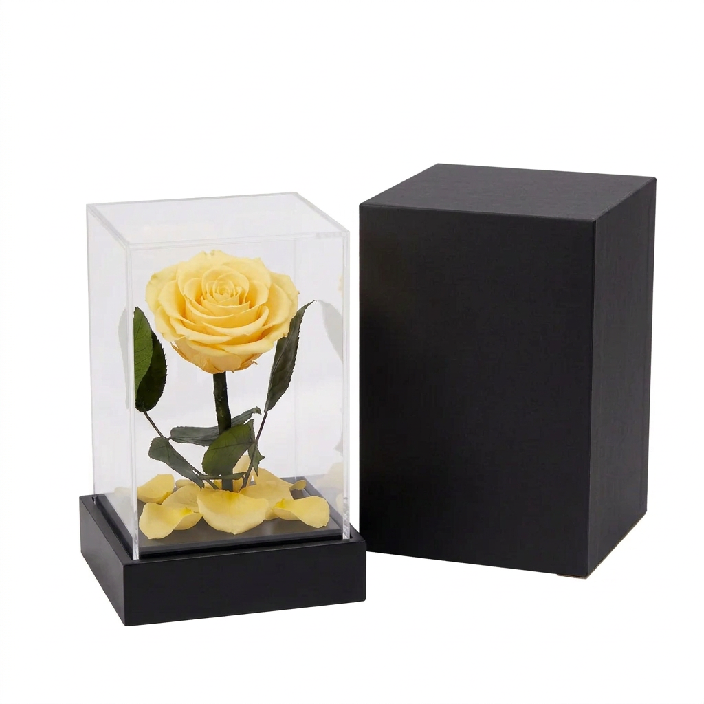 Yellow Acrylic Cube Everlasting Rose
